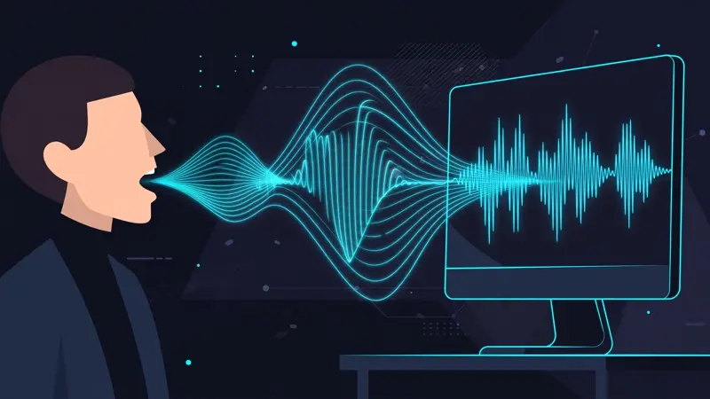 A human voice flowing as sound waves into a computer that renders a matching waveform