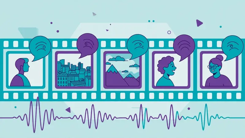A film strip where each frame shows a video frame with speech bubbles in different languages and a waveform along the strip