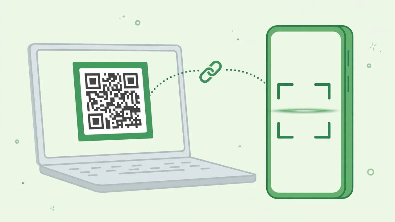 Illustration of a phone scanning a QR code on a laptop to link a messaging account