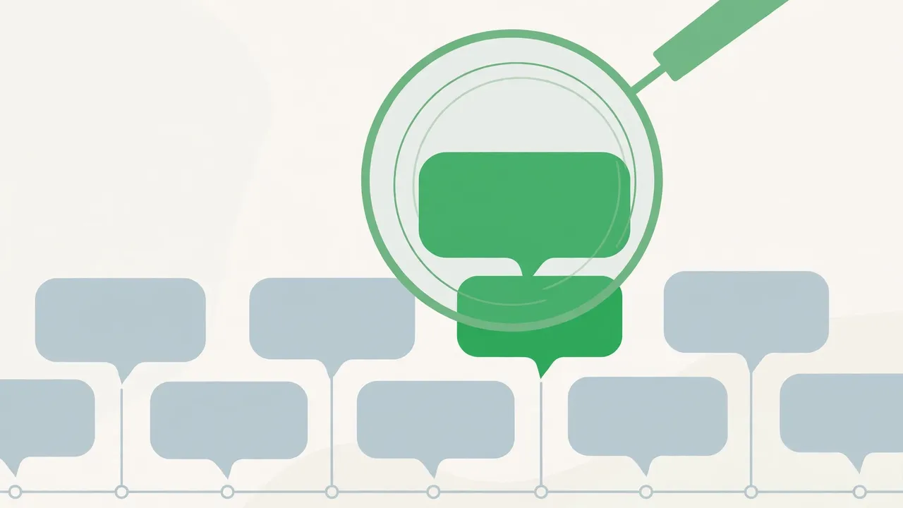Illustration of a magnifying glass searching a long timeline of chat messages
