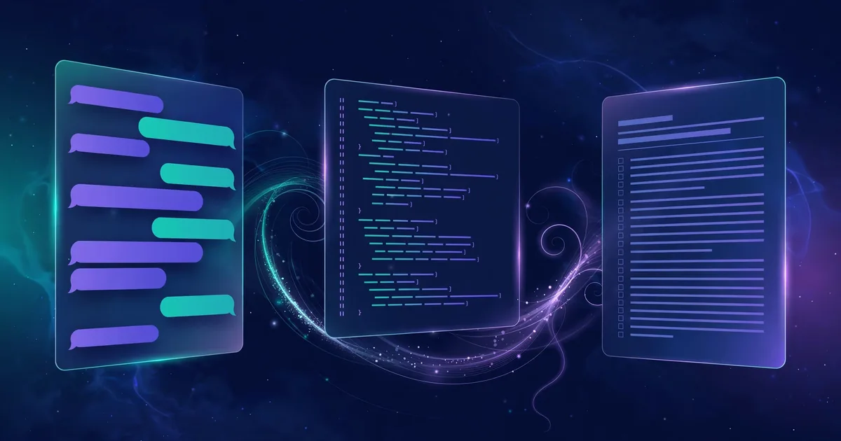 A sleek AI chat interface floating in dark space, message bubbles and an editable document side panel connected by swirling lines
