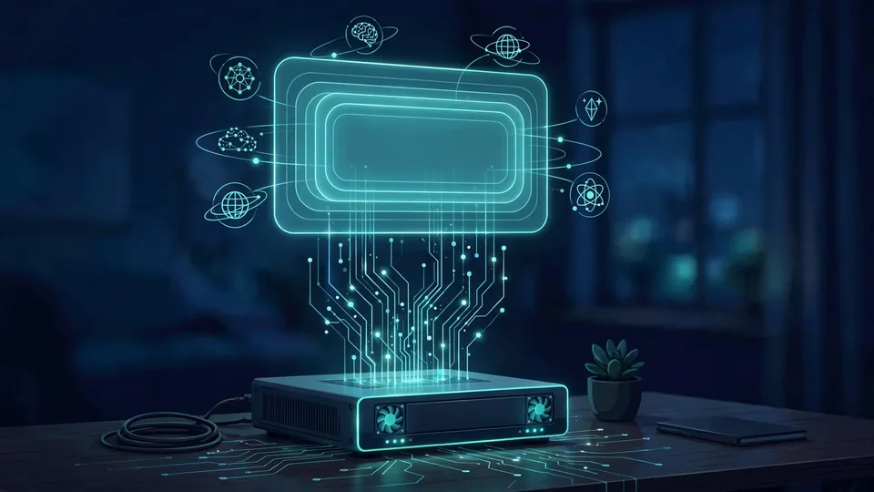 Three glowing service nodes &mdash; a database, an identity key, and a model router &mdash; linked to a home server