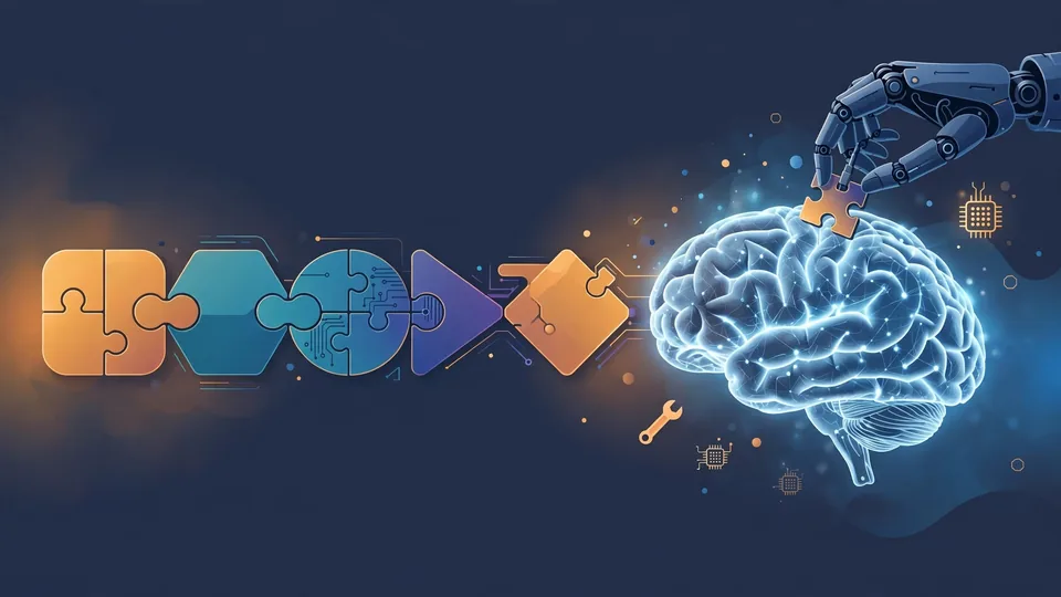 Modular glowing blocks &mdash; a wrench, a memory chip, a lock &mdash; snapping into a luminous AI pipeline