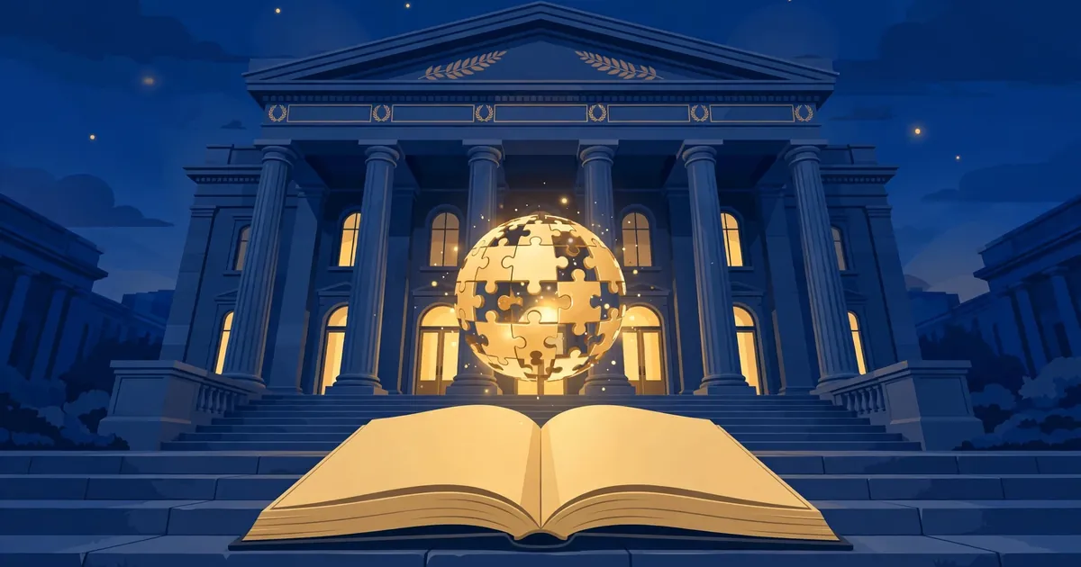 A courthouse at dusk with a glowing puzzle-piece globe above an open book on its steps
