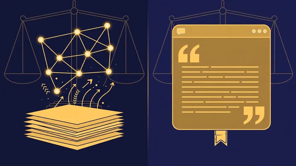 A neural network learning from documents on one side and a chatbot returning a quoted passage with a citation ribbon on the other