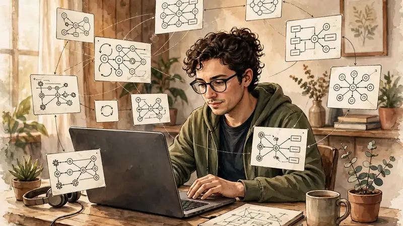 Illustration of a developer building AI agent workflows on a laptop