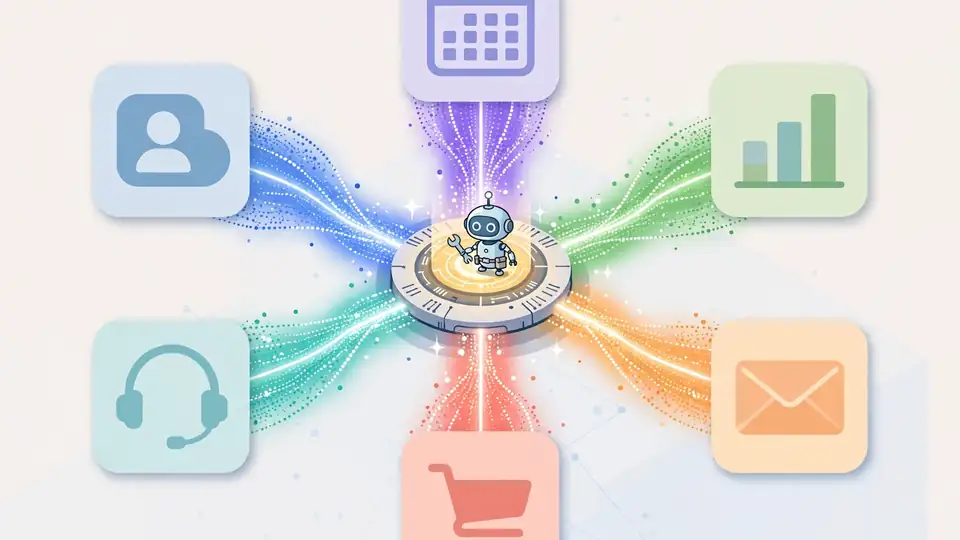 Illustration of enterprise apps connected by data streams to a central AI agent hub