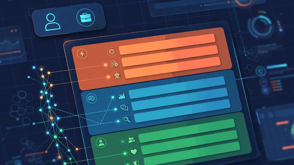 An HR analytics dashboard breaking one job into a stack of task bars, each tagged with skill icons and color-coded by automation potential
