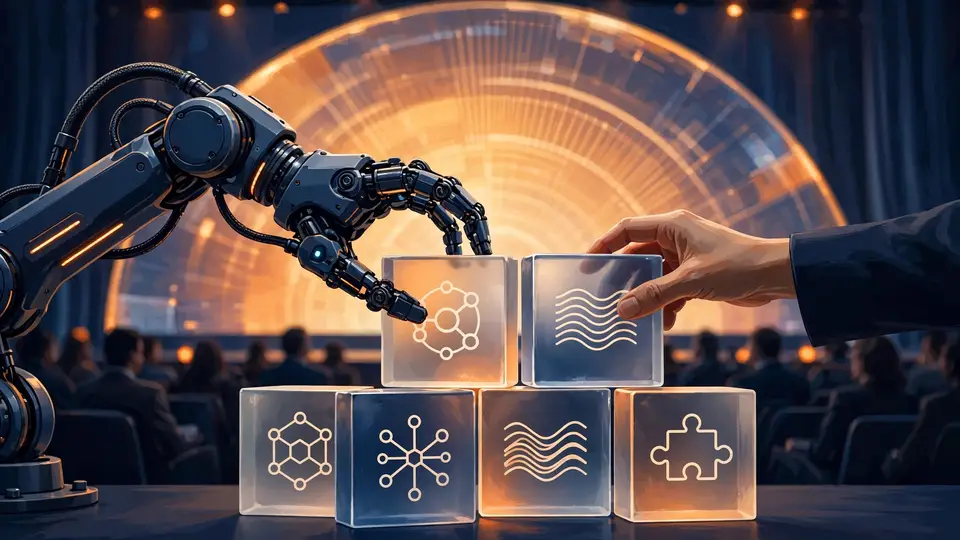 An AI agent and a human hand jointly rearranging translucent task blocks on a conference keynote stage