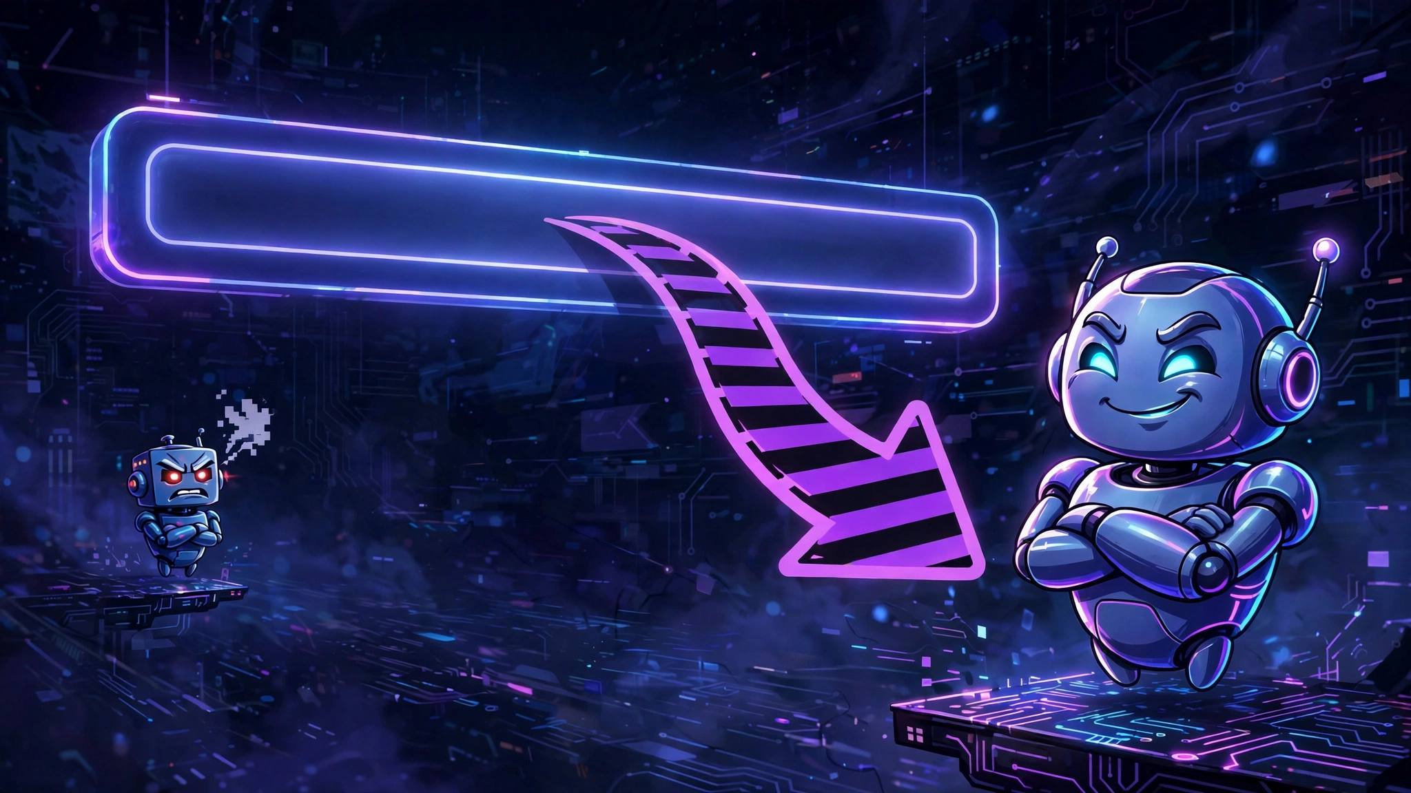 Editorial illustration: a browser address bar being redirected by a detour arrow toward a smug robot while a smaller robot looks annoyed