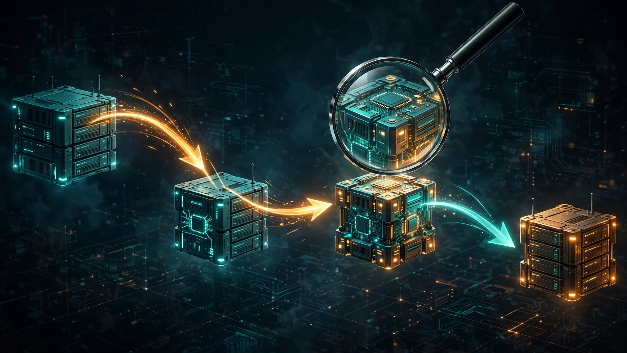 Editorial illustration: redirect hops between server nodes under a magnifying glass
