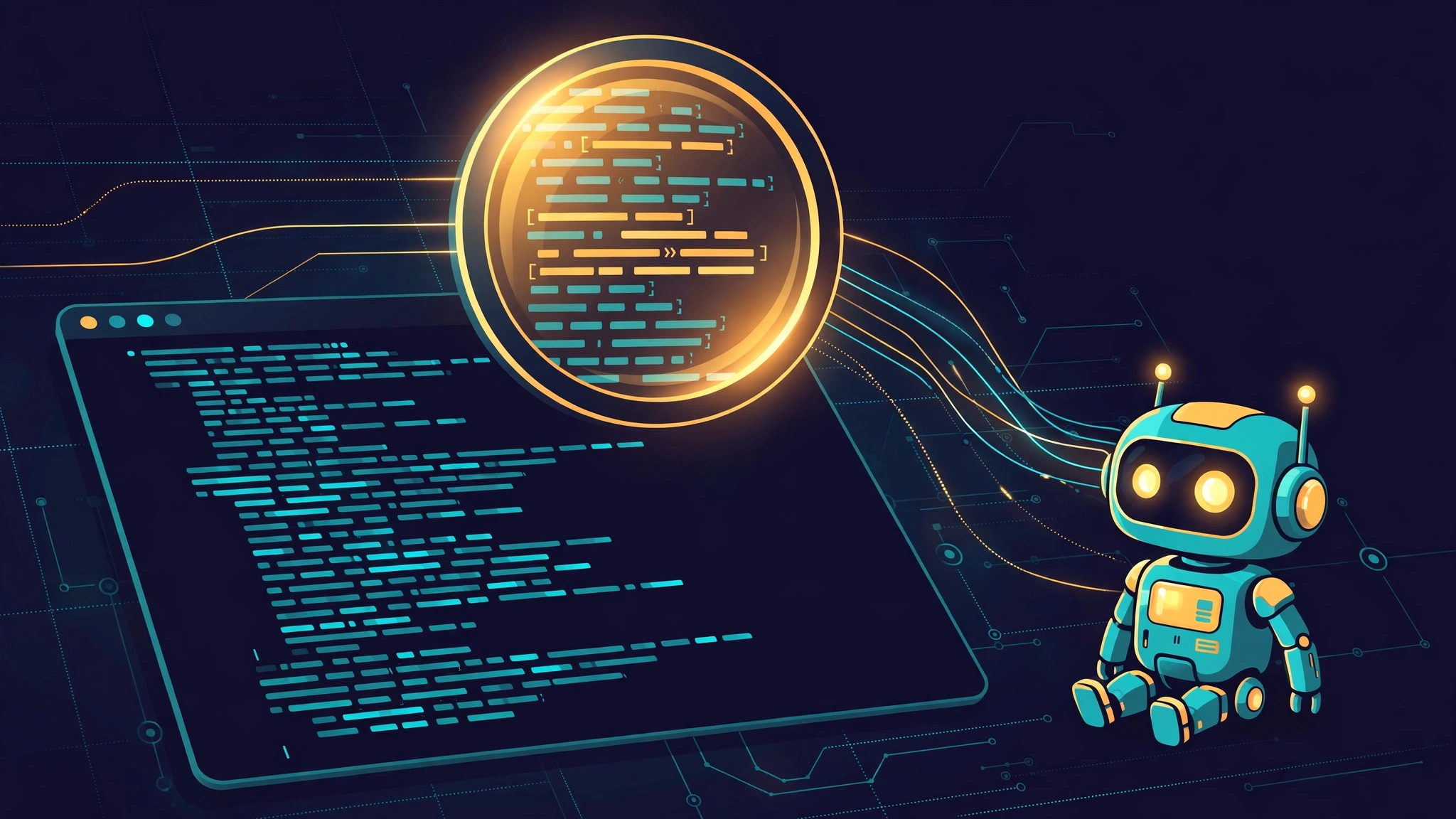 A glowing magnifying glass over code lines, connected to a small robot agent