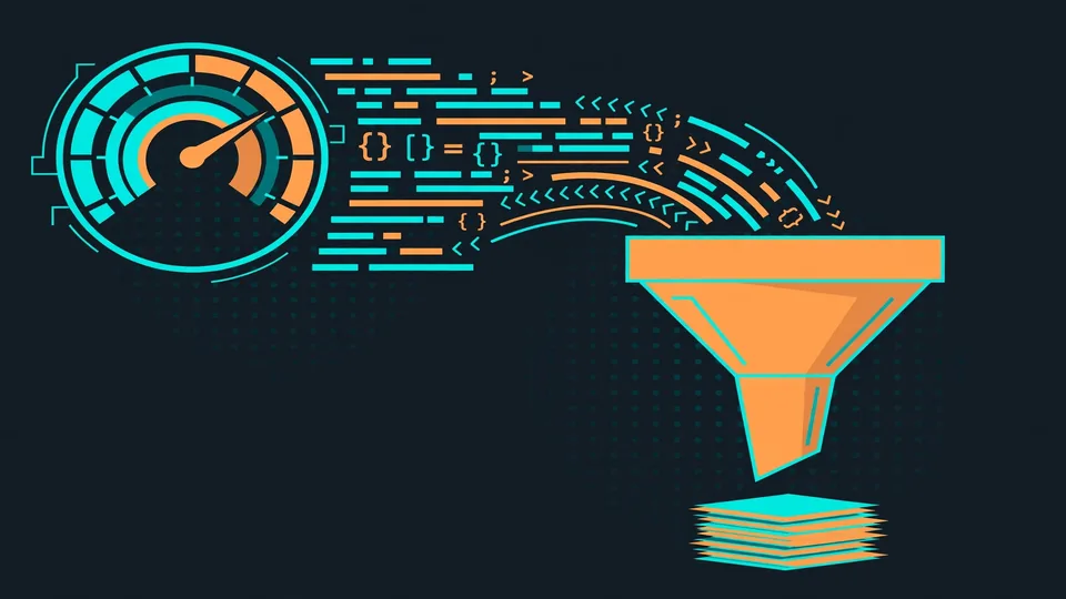 A gauge measuring saved tokens as code flows through a funnel into a small tidy stack