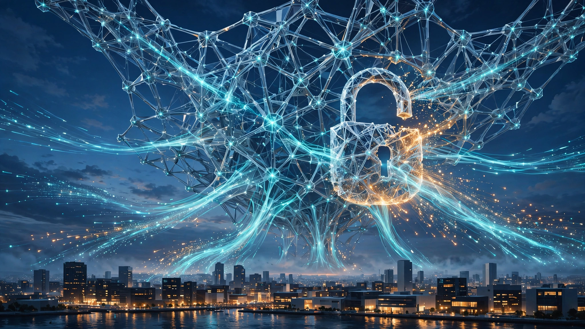 Crystalline neural-network lattice rising over a city skyline, an open padlock dissolving into light — an illustration of Xiaomi’s open-weights MiMo-V2.6 release