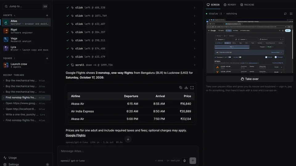 Atlas lists the flights it found on Google Flights, with its live Docker desktop beside the chat