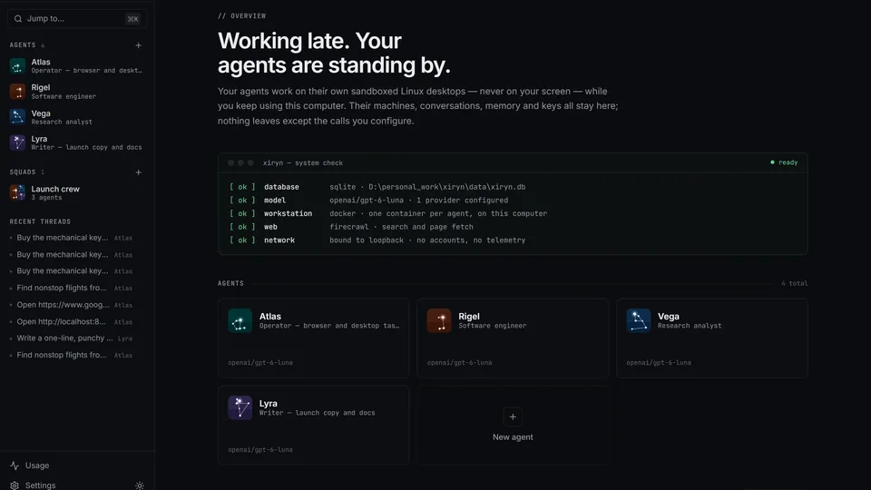 Xiryn overview with system check and agents, and the Telegram remote-access pairing