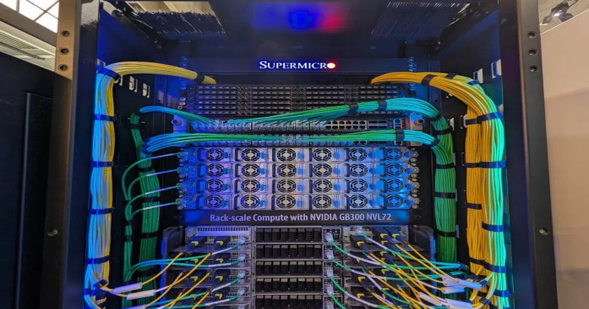 A Supermicro NVIDIA GB300 NVL72 AI server rack.