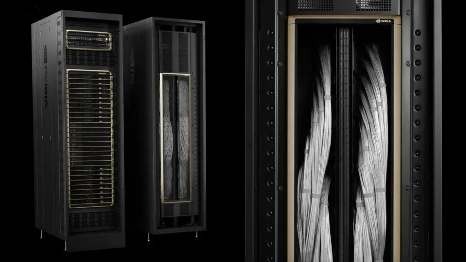 NVIDIA GB200 NVL72 rack from NVIDIA's developer blog.
