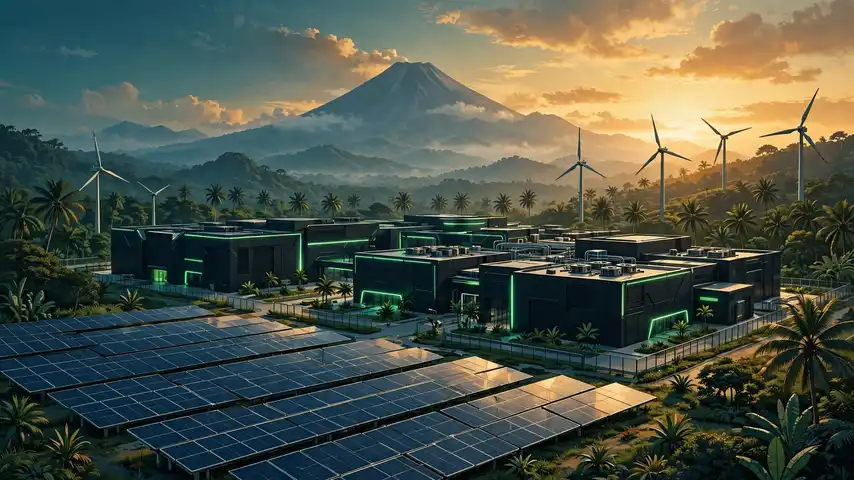 Illustration of a renewable-powered AI data center in the tropics.