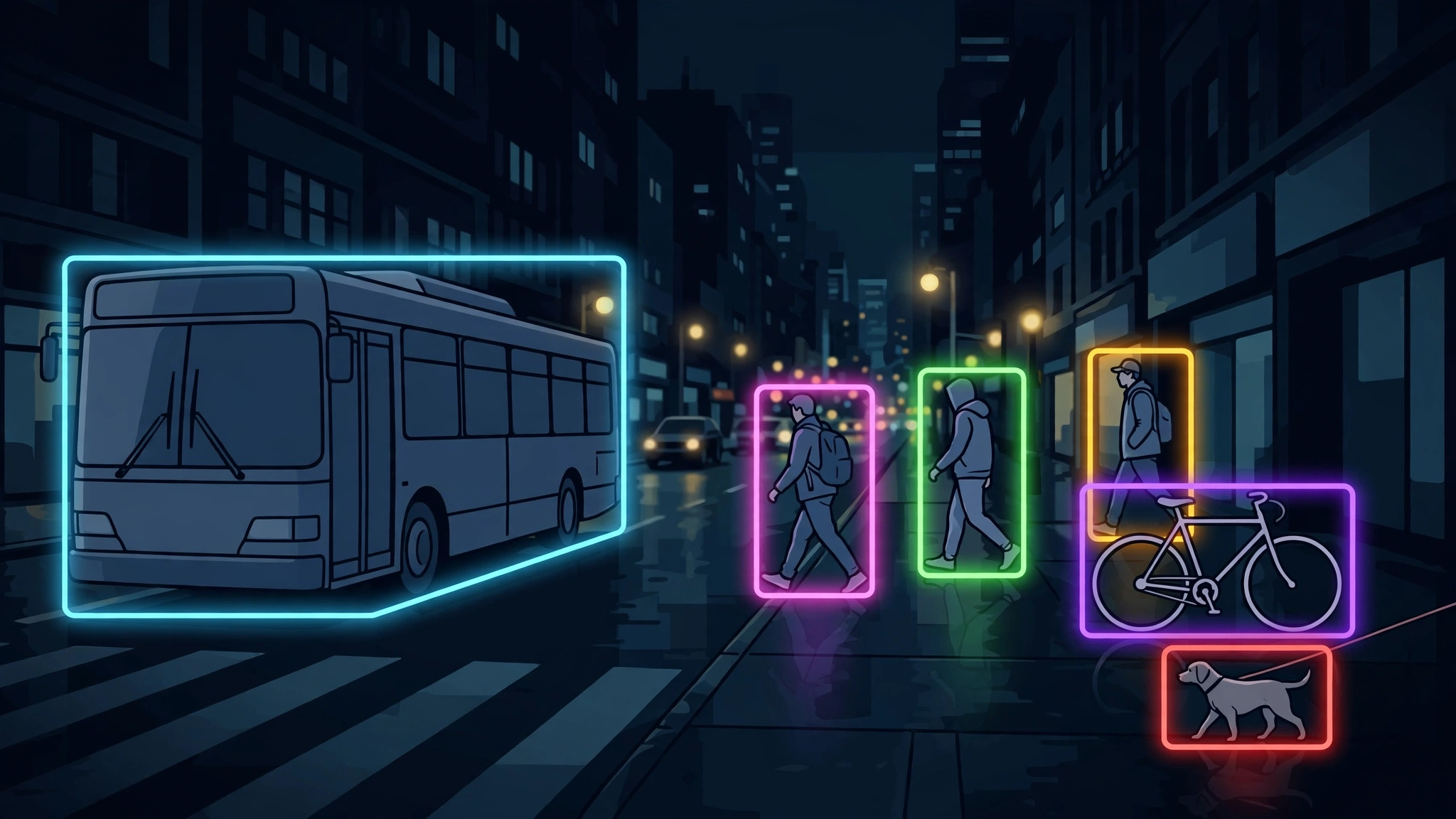 A city street scene with glowing bounding boxes around a bus, pedestrians, a bicycle and a dog