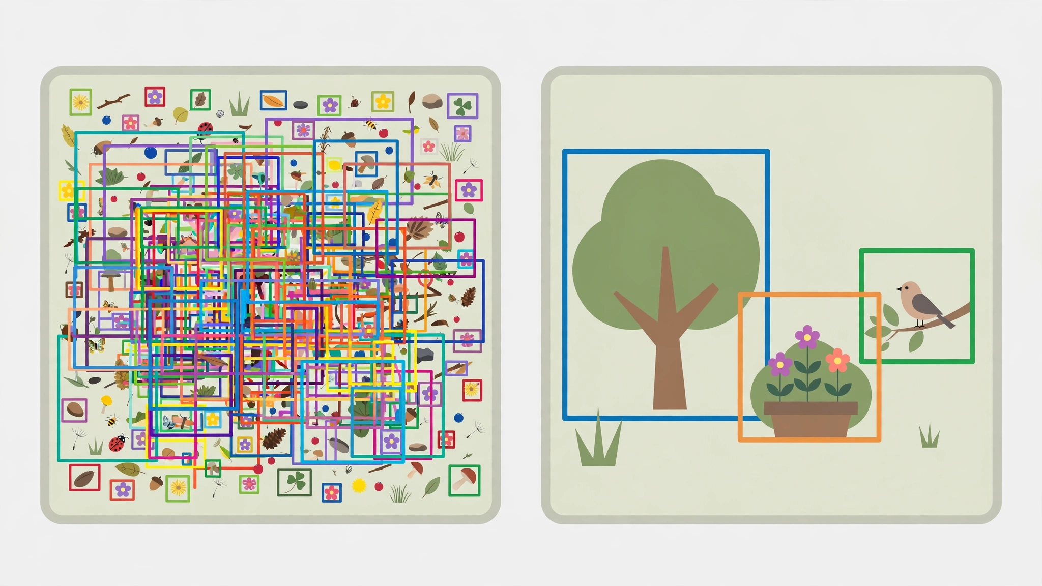 Two panels comparing many overlapping boxes at a low threshold with a few clean boxes at a high threshold