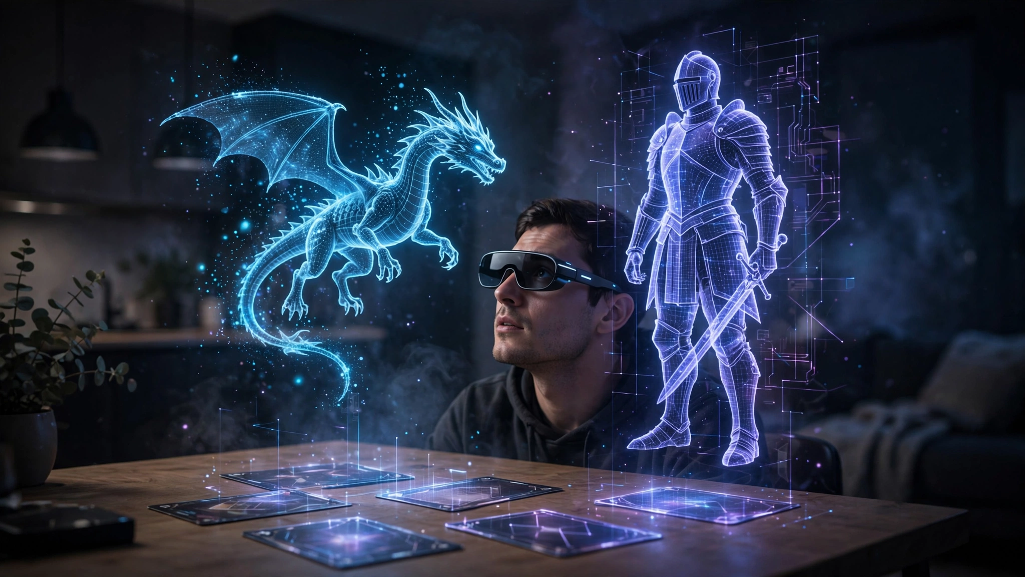 Person wearing AR smart glasses watching holographic trading-card monsters duel above a table