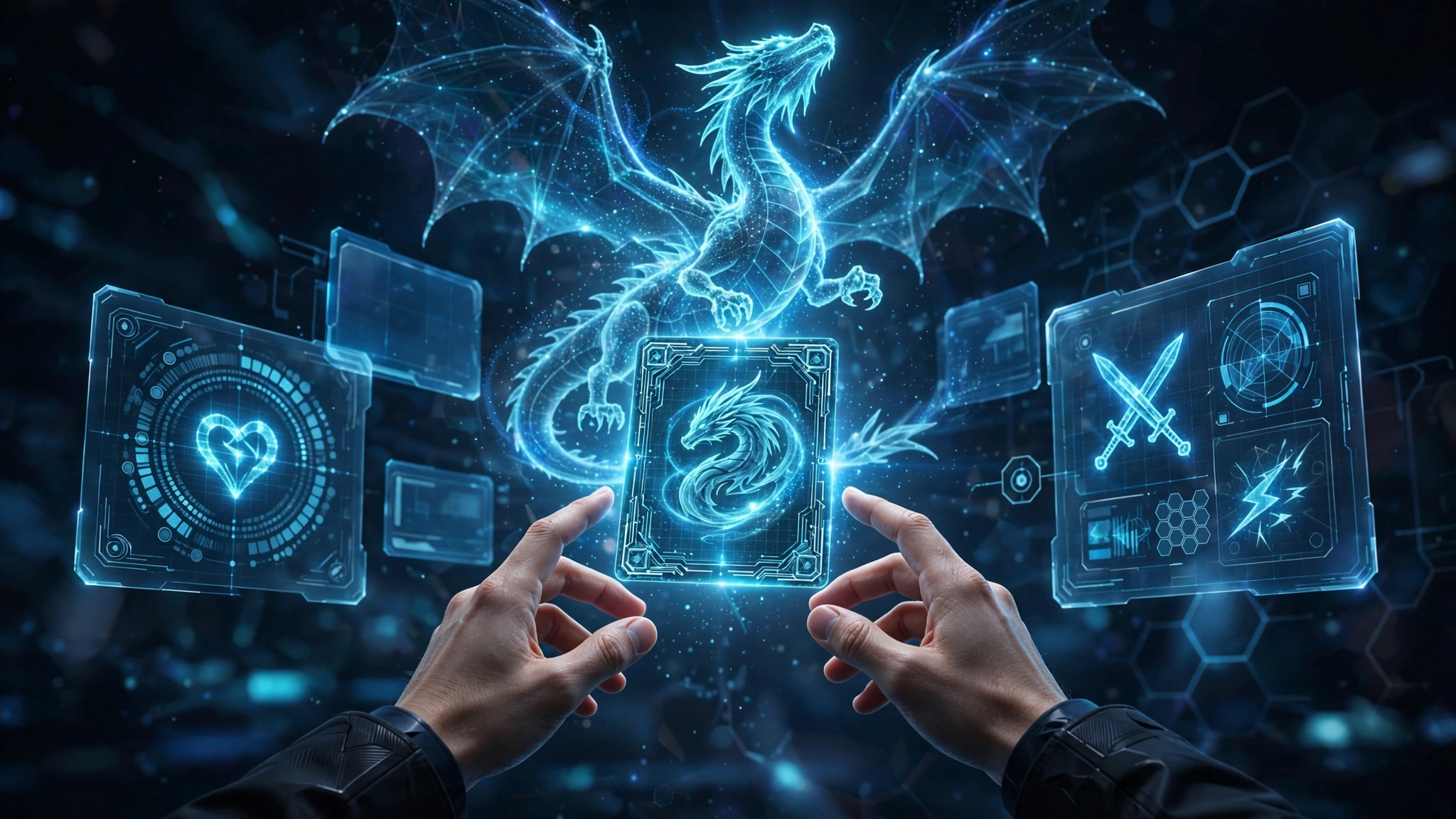 Hands reaching toward a glowing holographic trading card with AR stat panels and a dragon hologram