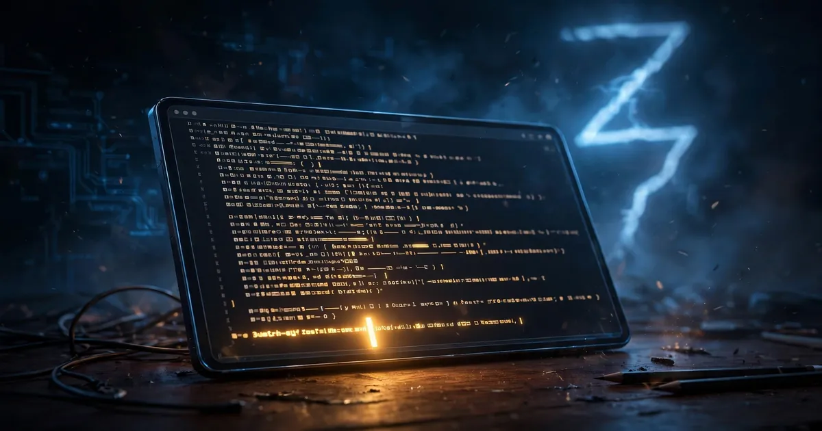 A glowing terminal on a dark desk, code writing itself line by line under a Z-shaped glow
