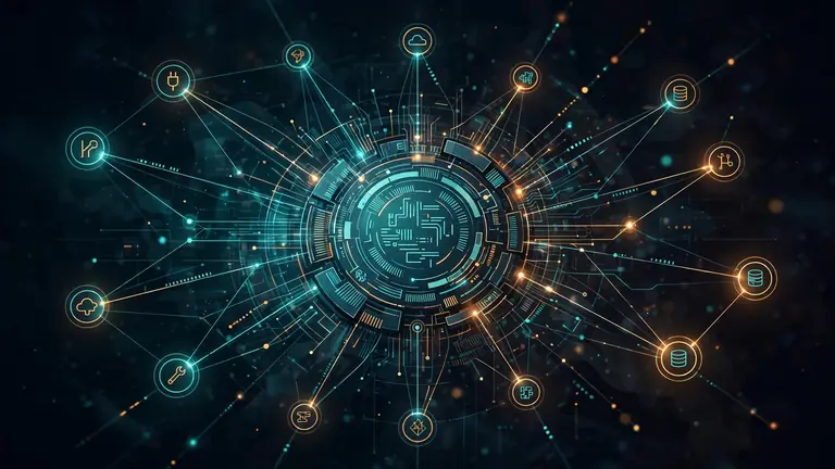 An AI coding-assistant hub wired to glowing plugin and MCP server nodes