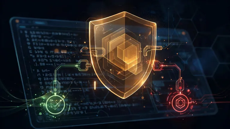 A translucent shield pausing an AI coding agent's cursor at a permission checkpoint