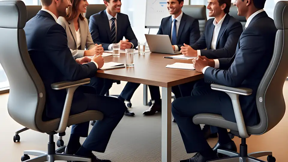 Colleagues discussing strategy in a bright modern office