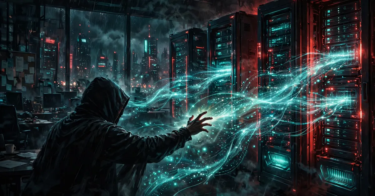 Illustration of a hooded figure siphoning glowing streams of data from server racks