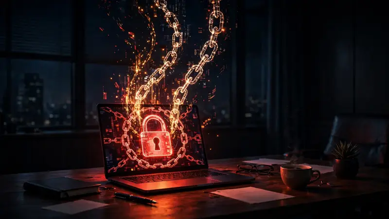 Illustration of an executive office desk at night with a laptop screen locked by ransomware