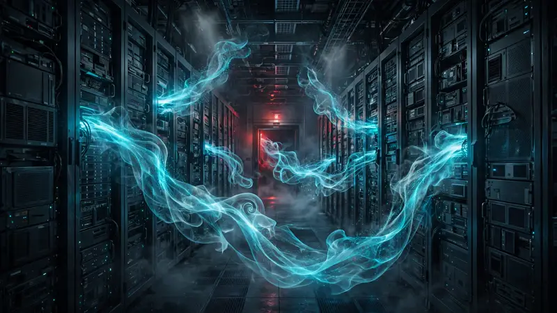 Illustration of a data center at night with streams of data being siphoned out of server cabinets