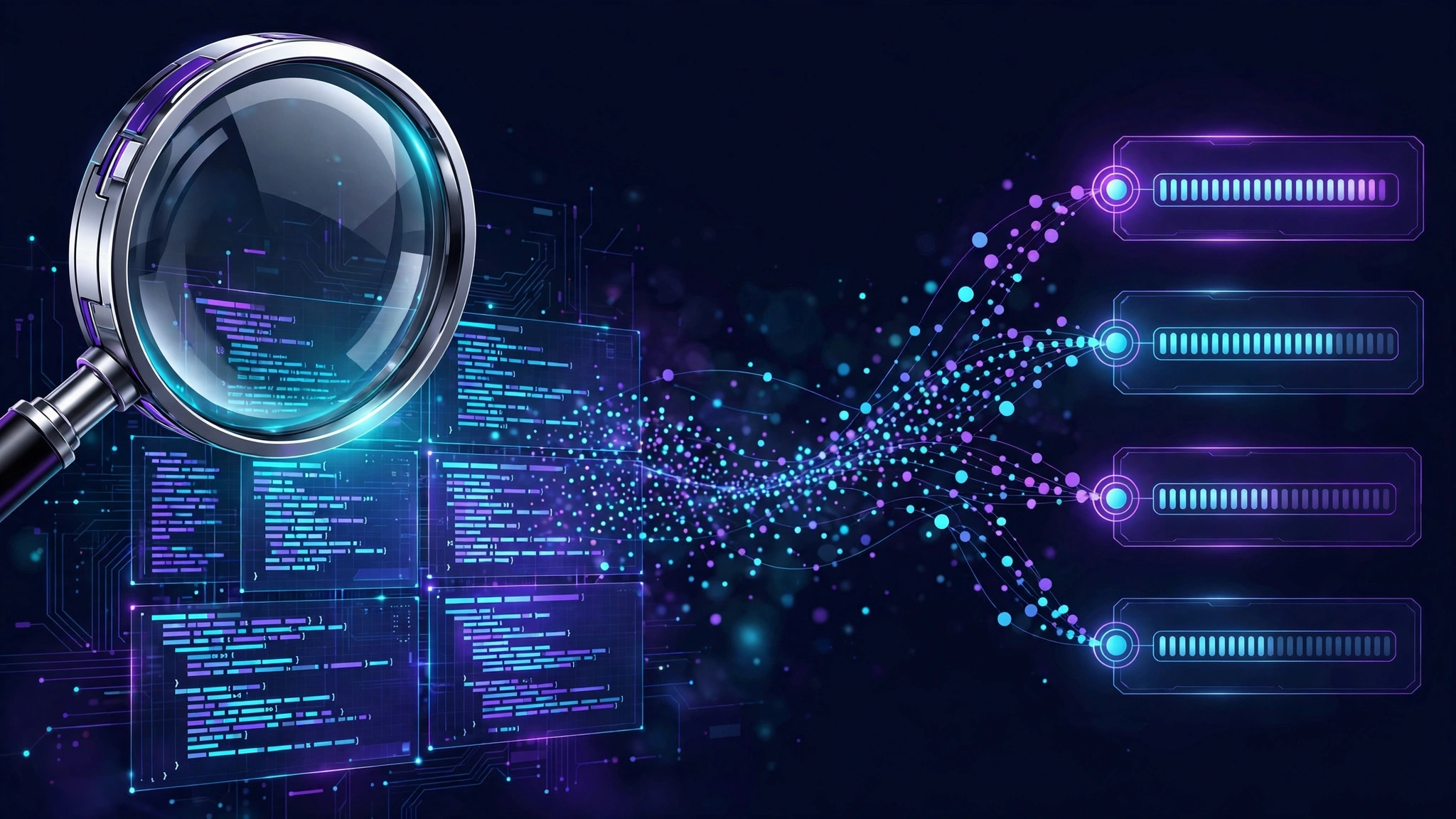 AI-generated editorial illustration: a magnifying glass over glowing code panels with vector-embedding dots streaming into ranked search results on a dark navy background