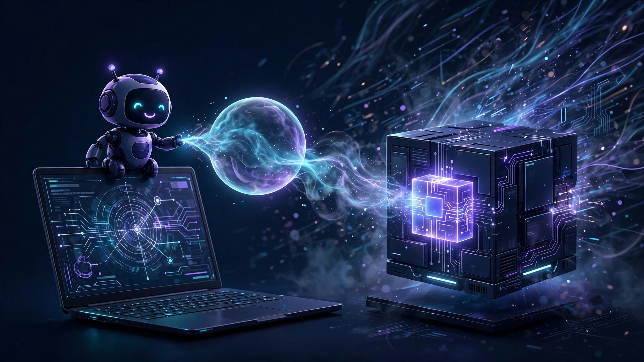 Conceptual illustration: a coding agent sends a natural-language question to a small local index on a laptop, which returns the exact function definition while raw grep noise fades into the background